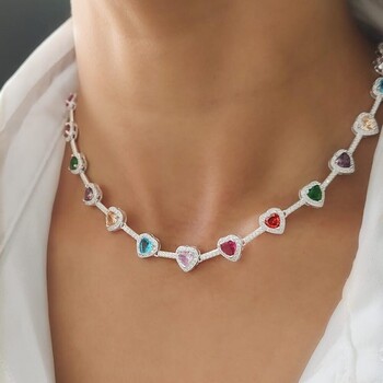 imagem Chocker Corações Colorida Cravejado Prata 925