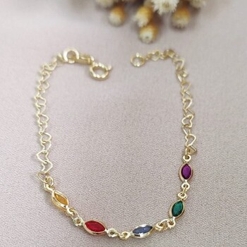 imagem Pulseira infantil Elos Coração 5 Zircônias Oval Coloridas banhado a ouro 18k