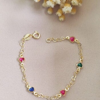 imagem Pulseira infantil Elos Coração 5 Zircônias Coração Colorida banhado a ouro 18k