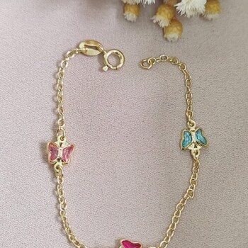 imagem Pulseira infantil Elos Redondo 3 Borboletas Coloridas banhado a ouro 18k