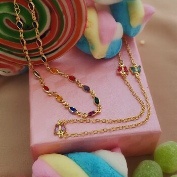 imagem Colar infantil elo Redondo 3 Borboletas Zircônias Colorida 35cm banhado a ouro 18k