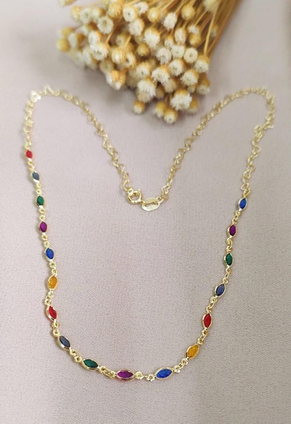 imagem Colar infantil elos Coração 17 Zircônias oval Colorida 45cm banhado a ouro 18k