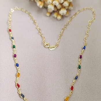 imagem Colar infantil elos Coração 17 Zircônias oval Colorida 45cm banhado a ouro 18k